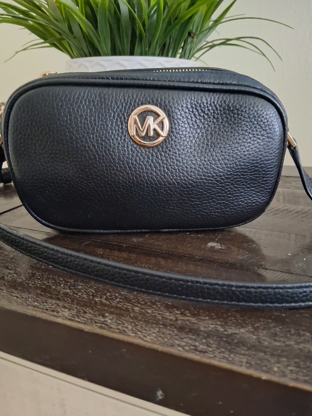 Michael Kors Black Pebbled Leather Camera Crossbody with Gold Logo